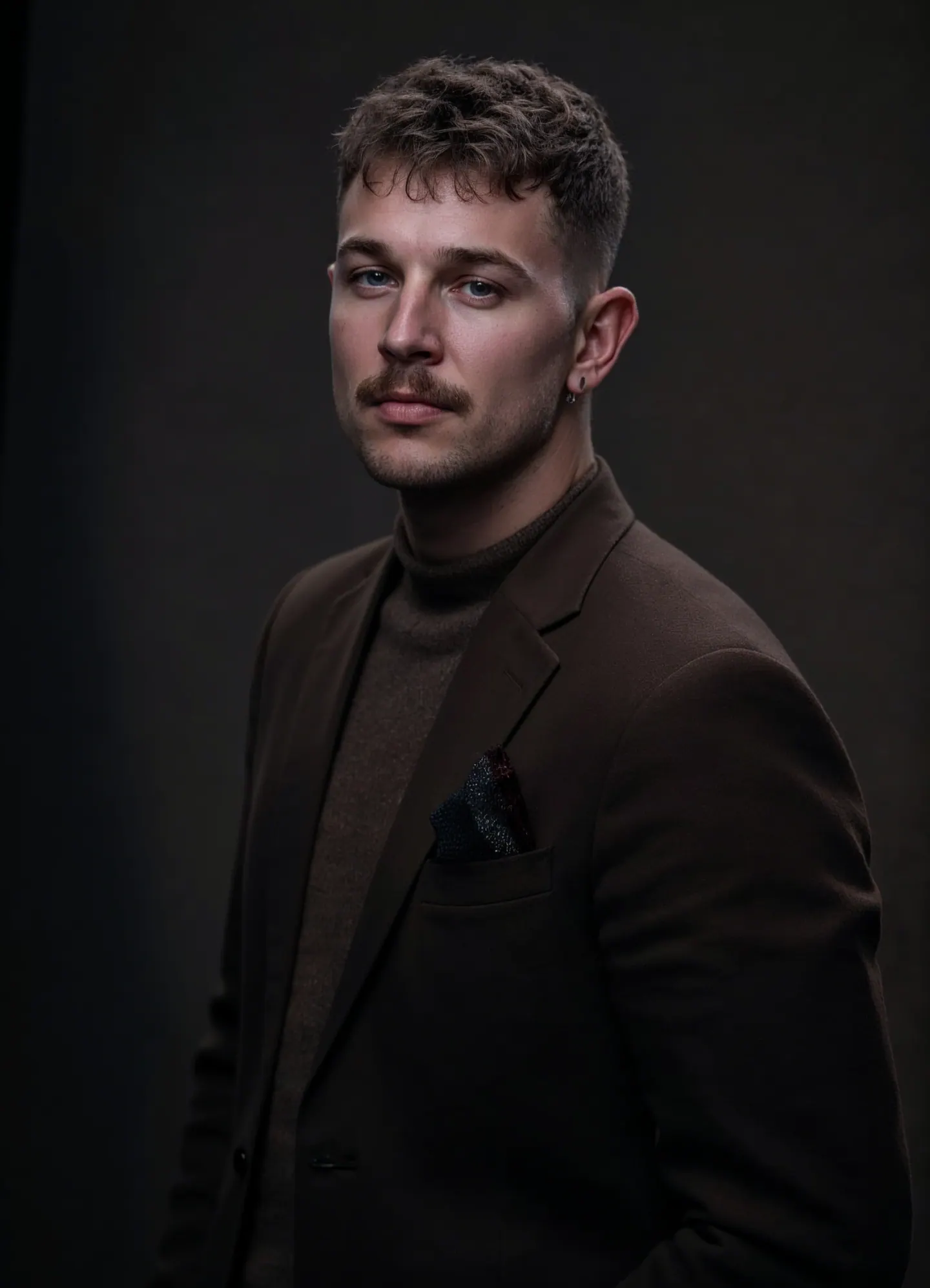 Corte masculino corto y texturizado con degradado taper y traje impecable – corte de caballero moderno en CUTS&CUPS Barbershop, Varberg.