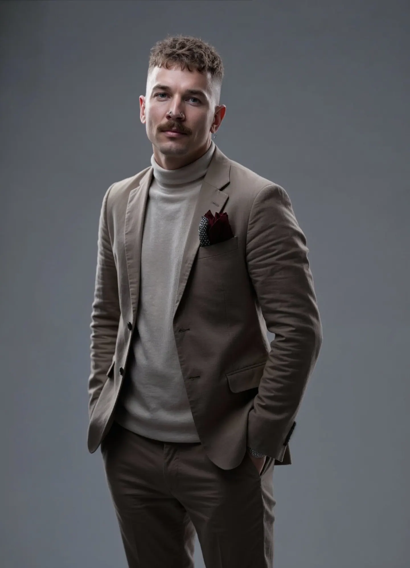 Corte masculino corto y texturizado con degradado a piel y bigote – estilo barbero moderno en CUTS&CUPS Barbershop, Varberg.