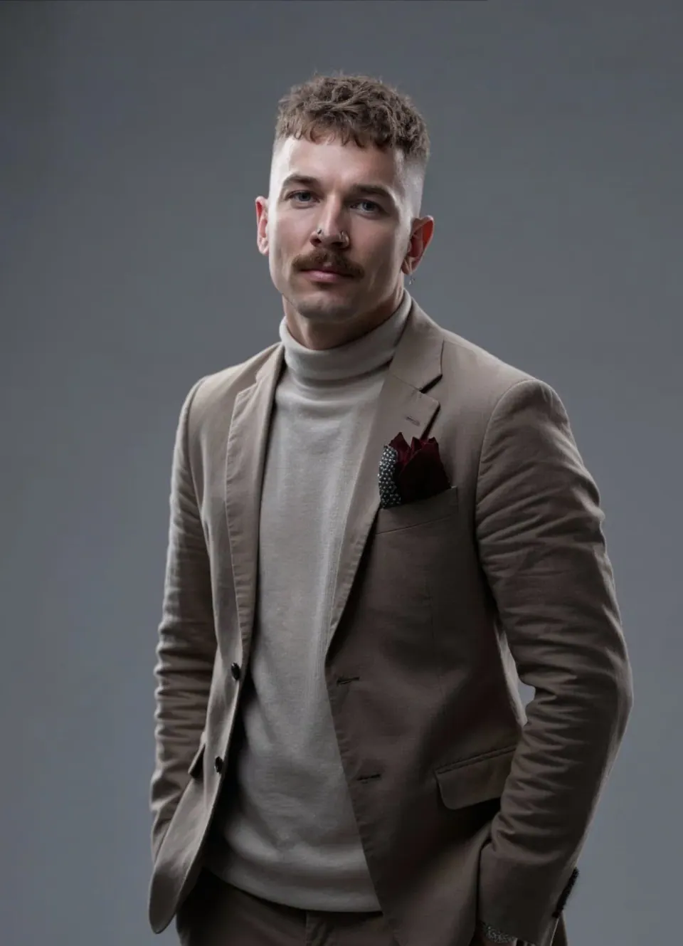 Man with light stubble and short curly hair