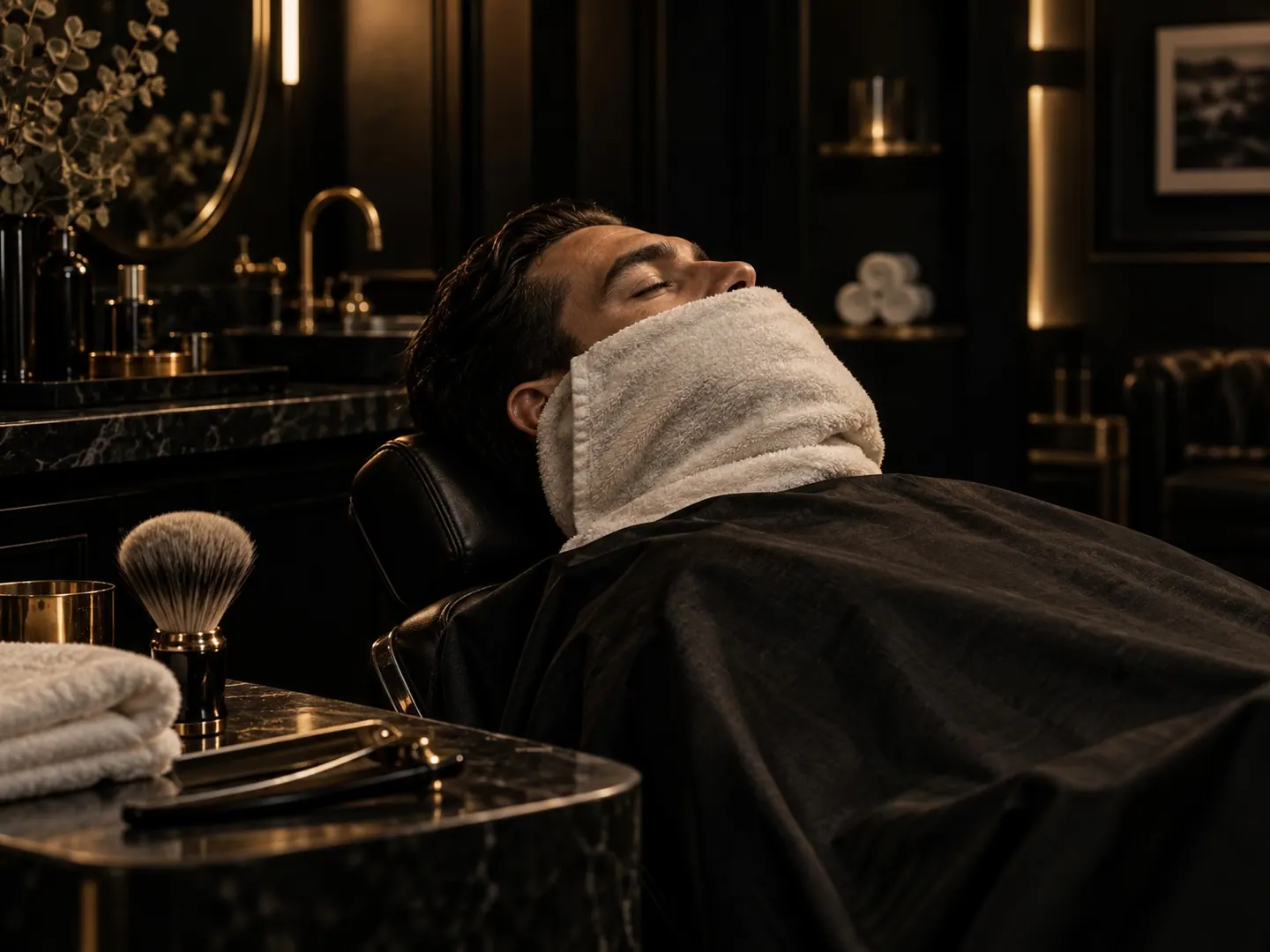 Kund med varm handduk över ansiktet hos CUTS&CUPS barbershop i Varberg